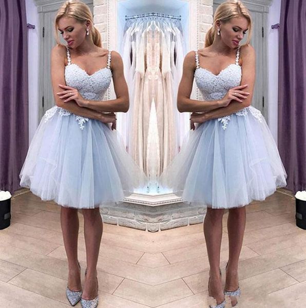 

2020 spaghetti straps gray blue lace a line homecoming dresses tulle applique knee length short prom party cocktail dresses, Blue;pink
