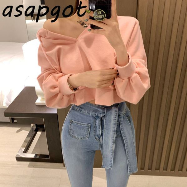 

women's hoodies & sweatshirts fashion autumn chic korean crop slim casual cotton v neck loose hooded women pink sweatshirt streetwear, Black