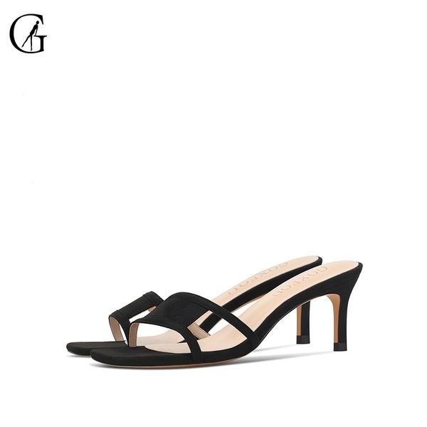 

goxeou 2020 women slippers sandals kitten low heels flock square open toe ladies fashion shoes female stylish mules casual 32-46, Black