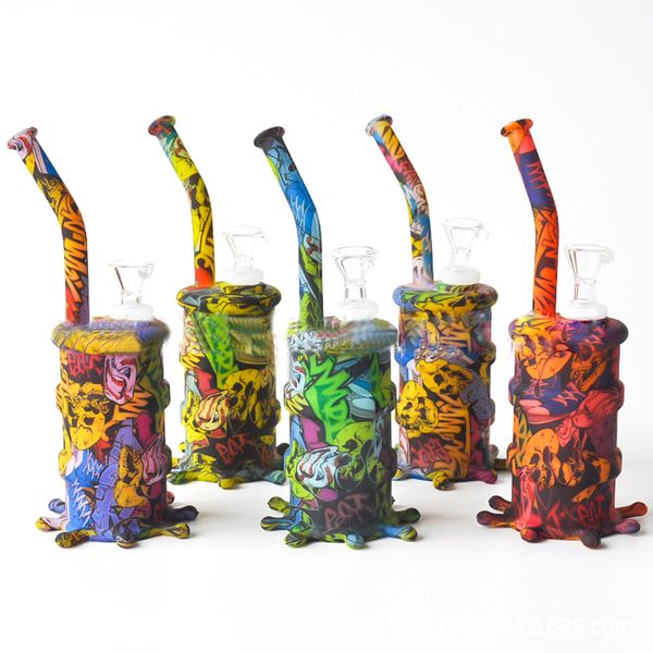 Mini Crânio Silicone Água Bongos coloridos 8 Tubos Inch Mini Silicone Bongs água Unbreakable Bongos Bubbler Silicone Com Bacia de vidro