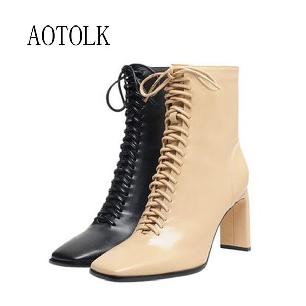 

women boots brand shoes square heels 2020 autumn winter boots high heels for women fashion lace up ankle shoes warm, Black