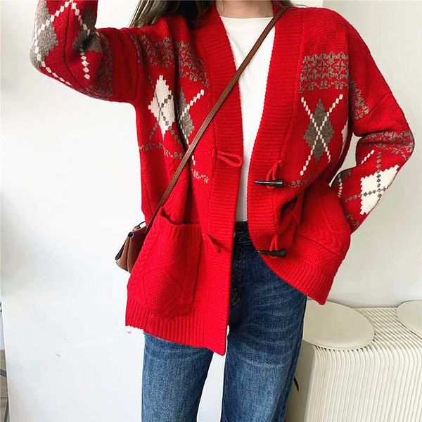 

women's knits & tees vintage geometric cardigan sweater 2021 elegant v-neck autumn winter women argyle outerwear warm long sleeves chic, White