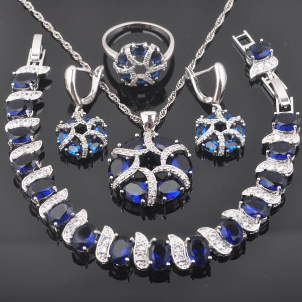 

for women wedding jewelry sets with bracelet blue zirconia silver color necklace pendant earrings ring 2020 new qs0443