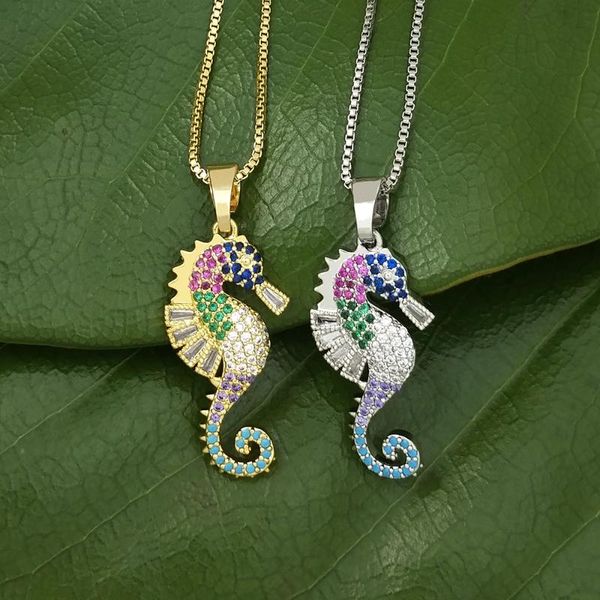 

rainbow seahorse necklace woman gold cz animal designer necklaces fashion jewelry collar arcoiris long beach jewelry necklace, Silver