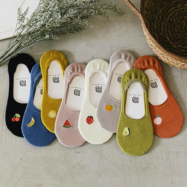 

spring and summer japanese cute fruit embroidery socks combed cotton shallow mouth boat socks girl female cotton, Black;white