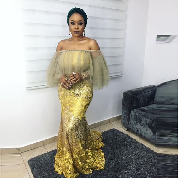 Aso Ebi Abiti da ballo africani con spalle scoperte Maniche lunghe Ragazze nere Abiti da sera a sirena formale Abiti da festa in pizzo Abiti abendkleid