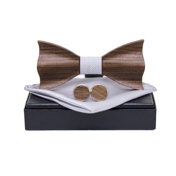 

wooden bow tie men women 3d embossed square scarf cufflinks jewelry decoration, Black;gray
