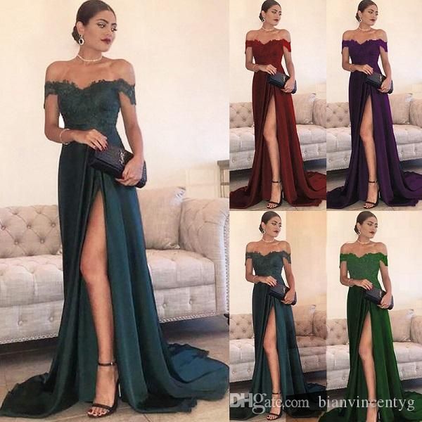 

fashion split evening dresses a line chiffon for ladies shoulder floor-length high side split lace elegant long prom dress formal party wear, White;black