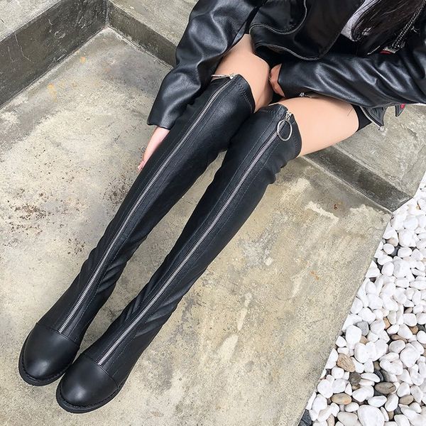 

boots sewing over-the-knee solid metal decoration long for women pointed toe fashion pu autumn winter flat with low shoes, Black