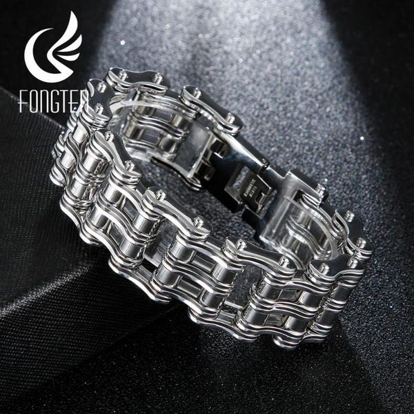 

fongten punk biker bicycle chain men bracelet 316l stainless steel heavy wide silver color pulsera hombre acero inoxidable, Black