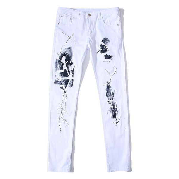 

men's jeans fashion stretch denim white pants men casual simple printed pattern slim fit cool casul plus size, Blue