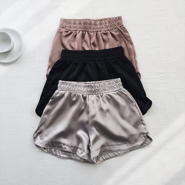 

summer solid satin casual short feminino elastic high waist black silver wide leg trouser bottom women fashion shorts, White;black