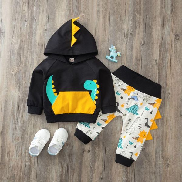 

infant newborn baby boy outfit dinosaur print cartoon 3d angle round neck long sleeve hoodie and trousers baby's sets, White