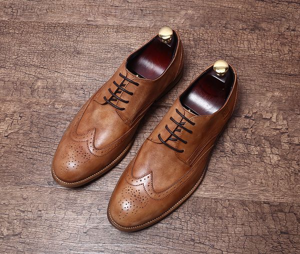 

retro genuine leather men pointed toe oxfords fashion floral design men lace up wedding party office dress shoes, Black
