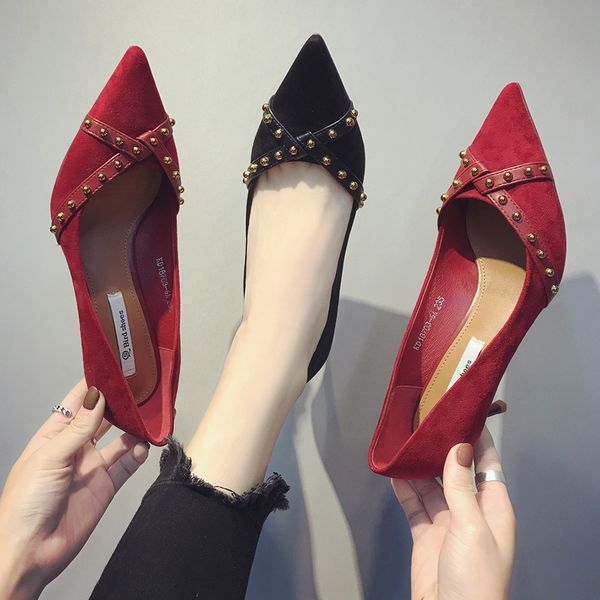 

net red high-heeled shoes womens autumn and winter retro riveting nail korean-style all-match thin heeled shallow mouth pointed shoes, Black