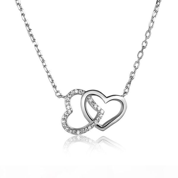 

double heart necklaces white gold rose gold colors heart pendant with 16 inches chain 925 silver jewelry