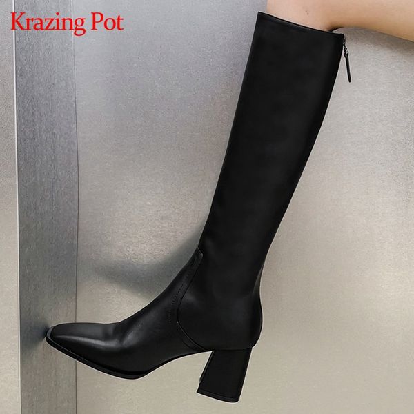

krazing pot equestrian boots real leather high street fashion thick high heel square toe zipper korean noble knee boots l12, Black
