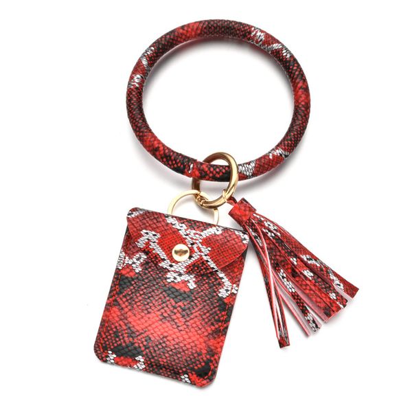 

snake print pu leather keychain card bag for women men o keychain key ring with tassel fashion jewelry, Silver