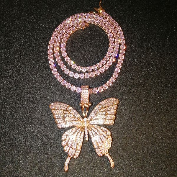 

fine jewelry rose gold micro pave pink cz cubic zircon diamond cuban link chain tennis butterfly necklace hip hop jewelry, Silver