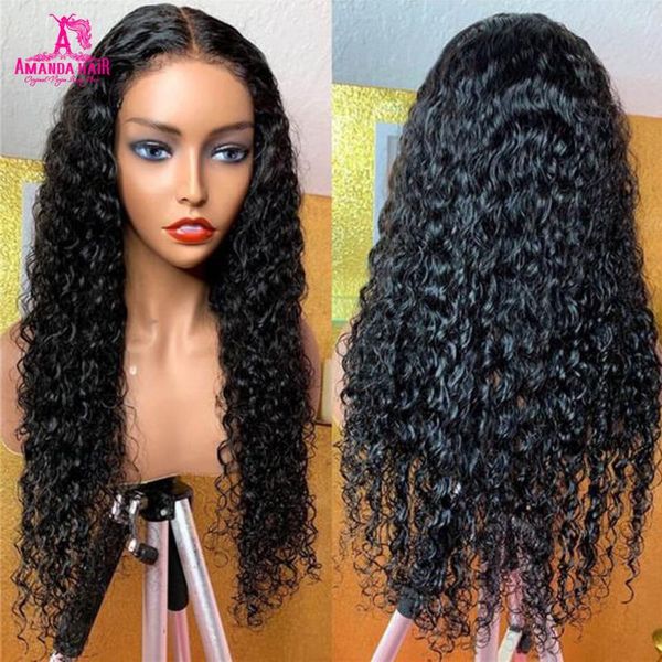 

amanda peruvian water wave wigs 180 density curly lace closure wig human hair lace frontal wigs pre plucked curly closure, Black;brown
