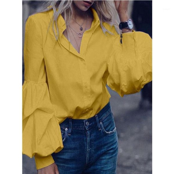 

lapel neck womens lantern sleeve blouses spring autumn long sleeve ladies casual shirts solid color womens designer shirts loose, White