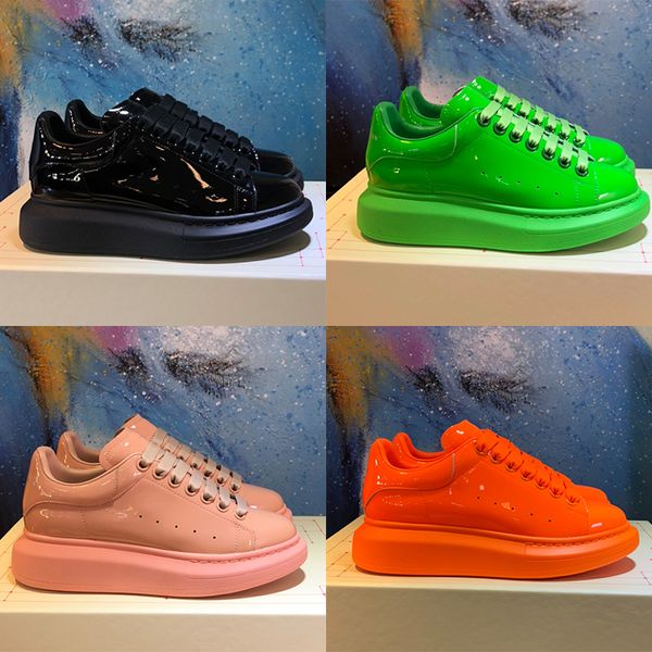 

men women platform sneakers fluo yellow oversized patent leather shoes flat running shoes reflective lace-up trainers with box, Black