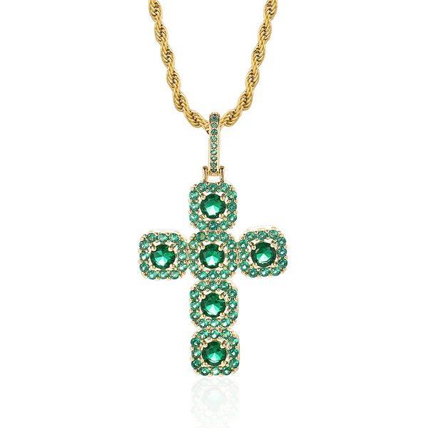

hip hop prong set cz stone bling iced out green blue cross pendant necklace for men rapper jewelry drop shipping, Silver