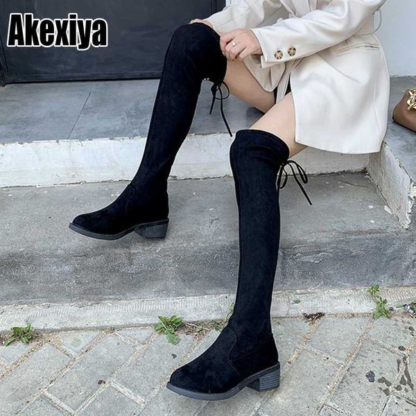 

2020 fashion women boots autumn winter over-the-knee heels quality suede long comfort square botines mujer thigh high boots p174, Black