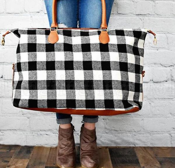 

buffalo plaid handbag large capacity travel weekender tote with pu handle checkered outdoor sports yoga totes storage duffel bags