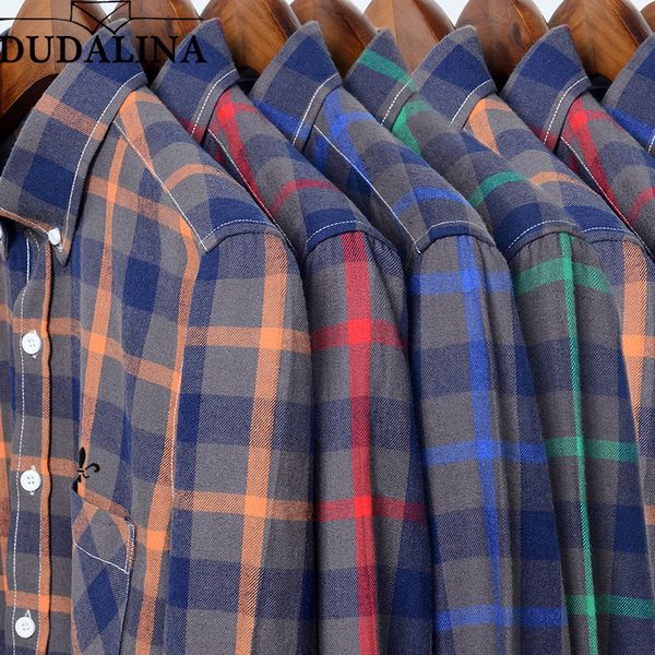 

dudalina 2020 camisa social masculina men's cotton plaid casual shirt pocket long sleeve standard-fit comfortable shirts, White;black