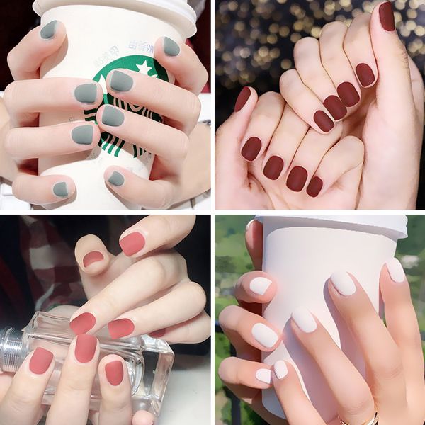 

24pcs fake nails waterproof false nails durable short flat matte false tips press on, Red;gold