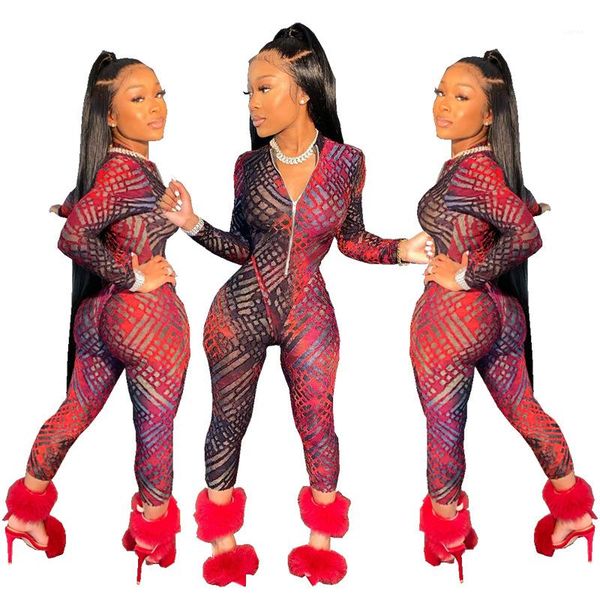 

clothing womens 2020 designer jumpsuits long sleeve zipper printed fish scale casual slim rompers fashion female, Black;white