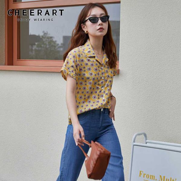 

cheerart yellow korean blouse women short sleeve blouse summer shirt casual lapel floral ladies korean fashion clothing, White