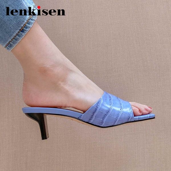 

lenkisen genuine leather stone pattern gingham fashion square peep toe med strange heel slip on mules women summer sandals l65, Black