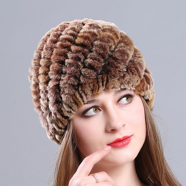 

female natural real fur knit hat winter fashion solid color thick warm ear protection casual stretch wool cap beanies, Blue;gray