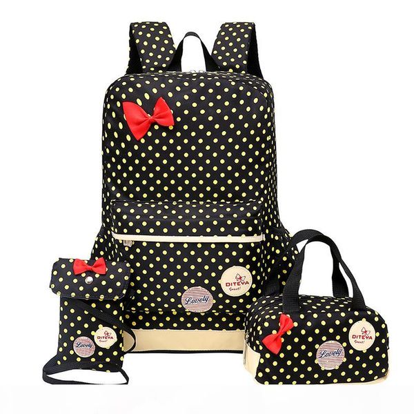 

designer- school bag teenager girls yellow dots bow print travel backpack kids orthopedic backbag 3pcs set rucksack schoolbag