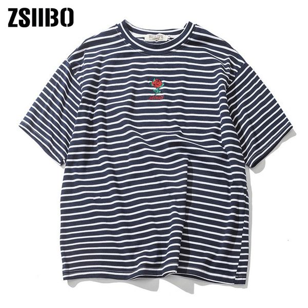 

rose embroidery striped mens t-shirt short sleeve 2020 summer hi-street oversized hip hop tshirt cotton tee shirts