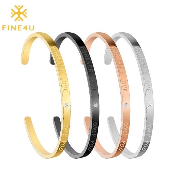 

fine4u b411 stainless steel engraved inspirational promise forever love open bangle endless love zircon bracelet, Black