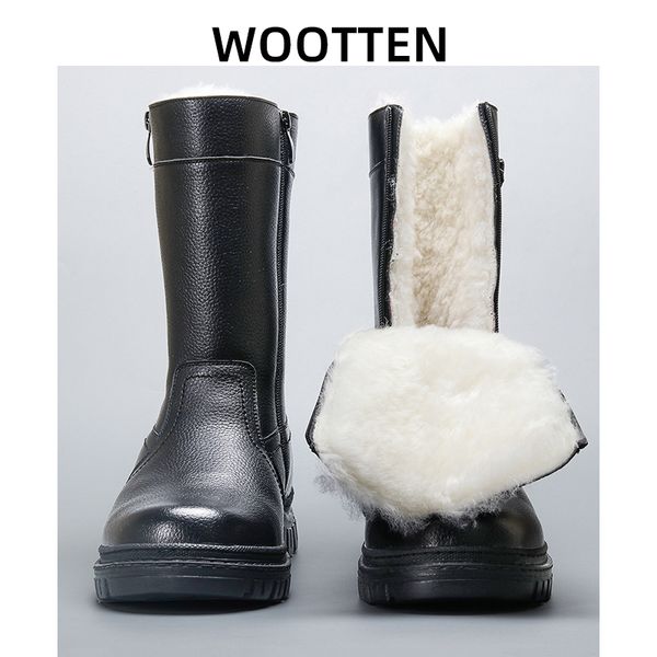 

boots 40-45 natural wool men winter snow leather designer vintage high motorcycle shoes, Black