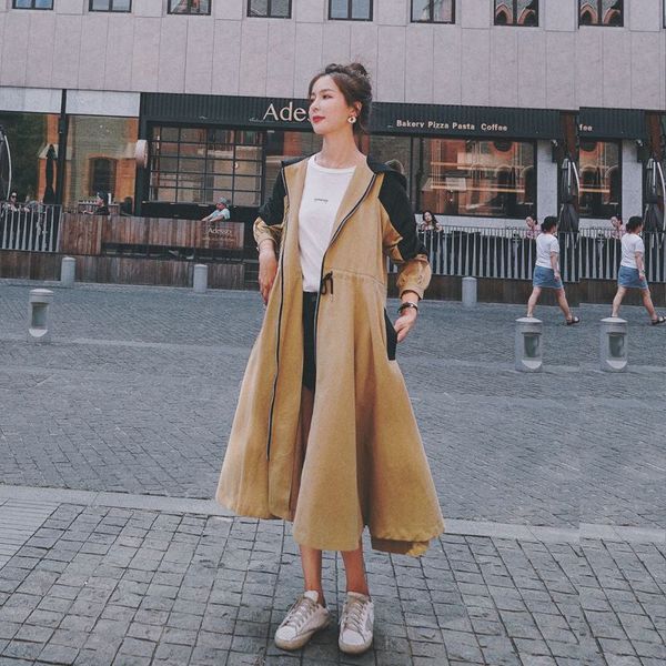 

women's trench coats oversized loose zipper lengthen coat lady cotton hooded trenchcoat spring autumn women patchwork streetwear overco, Tan;black