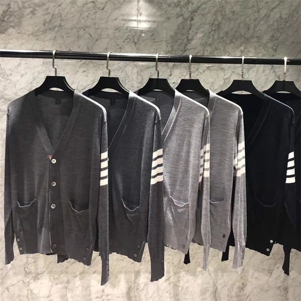 

fine merino wool knit engineered 4-bar arm stripe tb v-neck thin cardigan rwb grosgrain placket thom men's women's casual sweate, White;black