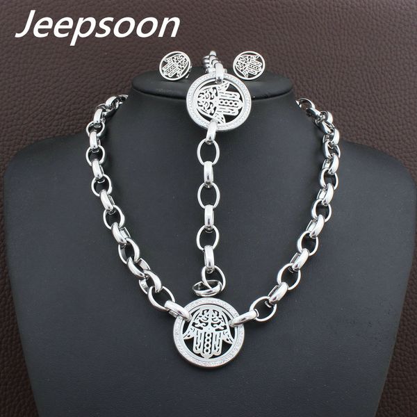 

new fashion stainless steel 30mm hand jewelry gold color bracelet necklace earrings sets for women sbjfjbea, Golden;silver