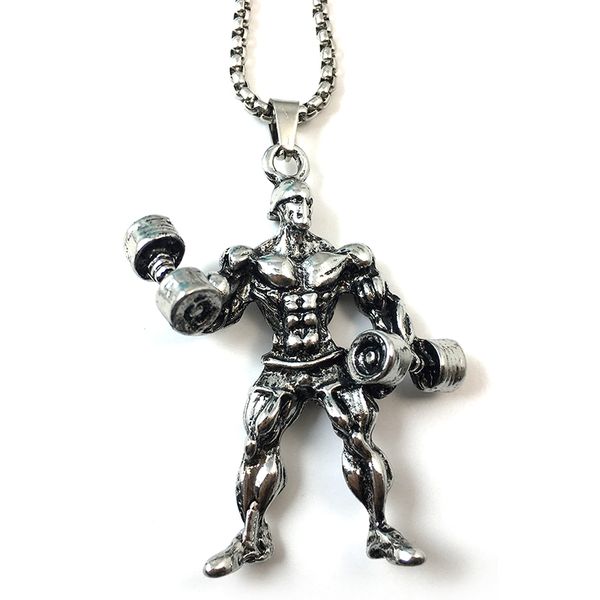 

weight training pendant stainless steel necklace bodybuilding enthusiast dumbbells necklaces men punk rocking jewelry sn98, Silver