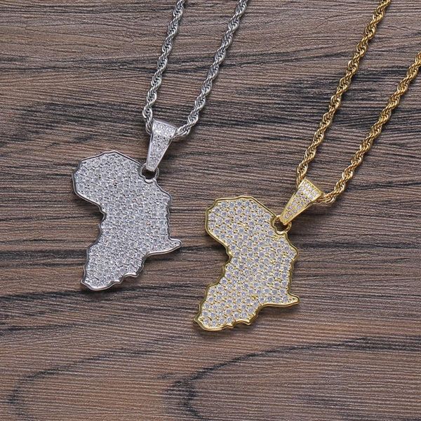 

hip hop paved cubic zircon bling iced out gold silver color africa map pendants necklace for men rapper jewelry gifts