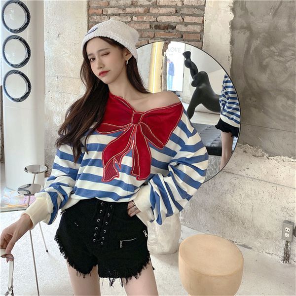 

kawaii loose sweatshirt sailor moon women's fashion autumn 2020 new fashion loose long-sleeved bowknot striped casual hoodie, Black