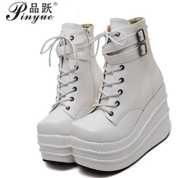 

size 35-42 botas mujer plataforma 2020 winter womens boots punk style white wedge high heel boots lace up wedge platform, Black