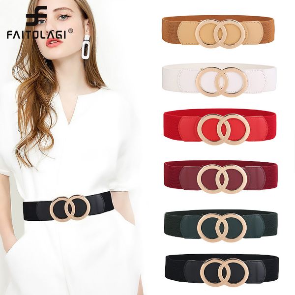 

genuine leather women belt elegant gold double ring buckle waist belt lady elastic cummerbund for dress coat, Black;brown