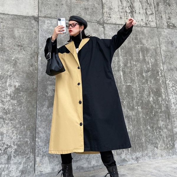 

women's fashion new 2020 spring long sleeve hit color patchwork trench loose single breasted lapel collar midi coat plus size, Tan;black
