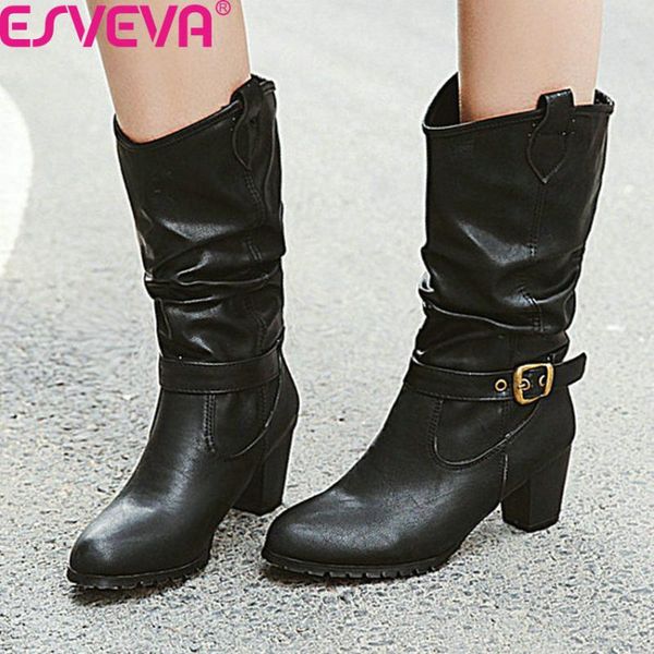 

esveva 2020 pu leather autumn winter buckle slip on women shoes round toe square high heel casual mid calf boots big size 34-43, Black
