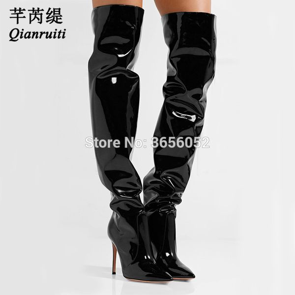 

qianruiti botines mujer 2020 fetish shoes women long booties over the knee high heels black patent leather thigh high boots